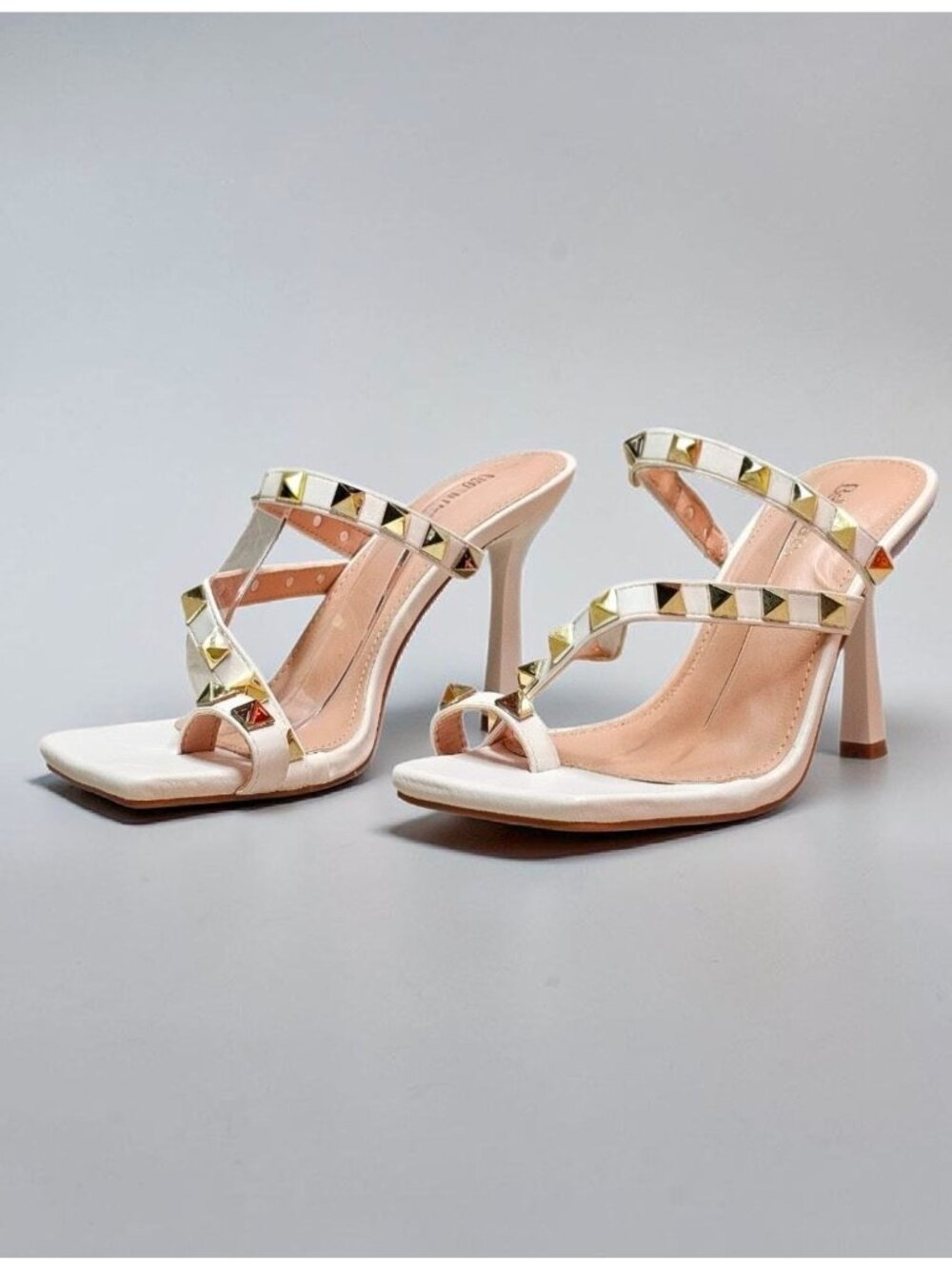 Studded High Heel Sandals With Strappy Design Open Toe & Gold-Tone Accents Ideal